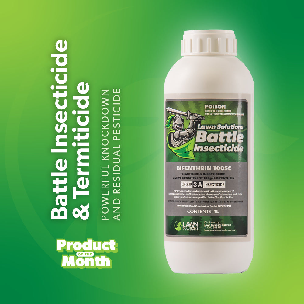 Lawn Solutions Battle Insecticide 1L — liquid concentrate pest control for lawns, targeting grubs, beetles, ants, termites, fleas, and ticks.