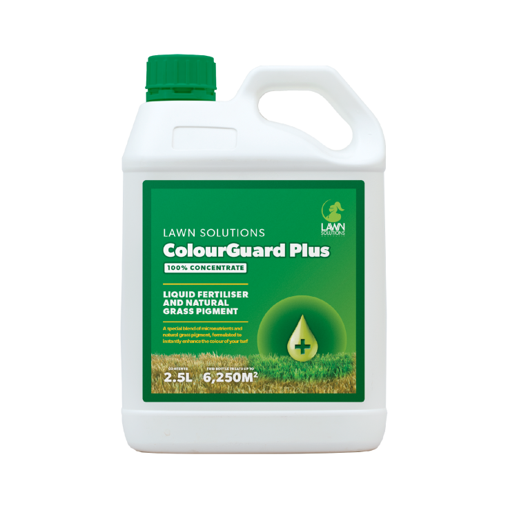 ColourGuard Plus 2.5L — concentrated lawn colourant and fertiliser for instant, long-lasting green lawns, safe for pets and the environment.