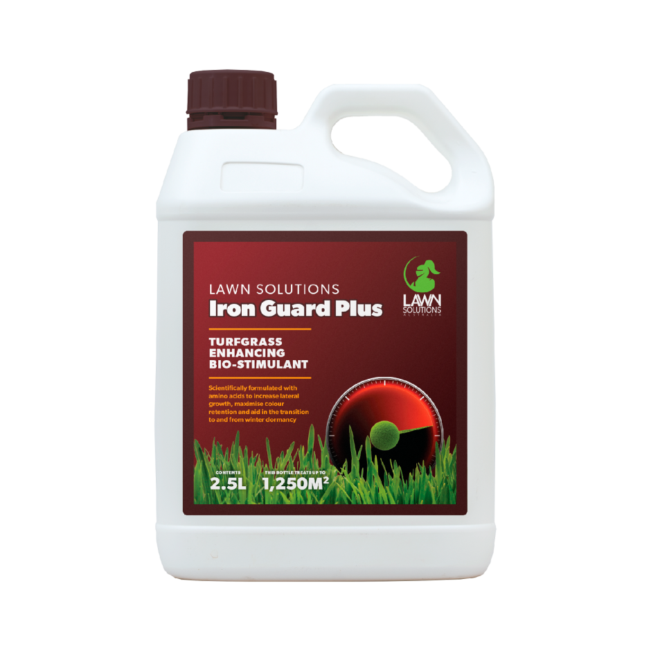 Iron Guard Plus 2.5L concentrated lawn bio-stimulant with iron to boost colour, promote growth, and improve turf strength and density.