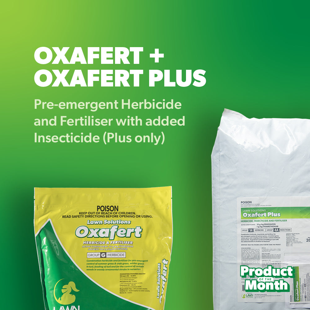 Oxafert Plus 20kg pre-emergent herbicide, insecticide, and fertiliser for warm-season turf, controls weeds and pests while boosting lawn health.