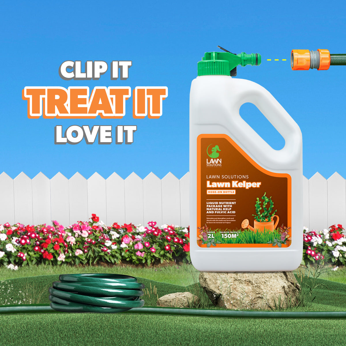 Lawn Kelper 2L  liquid lawn treatment with kelp, trace elements, and fulvic acid to strengthen roots, boost growth, and enhance lawn colour.